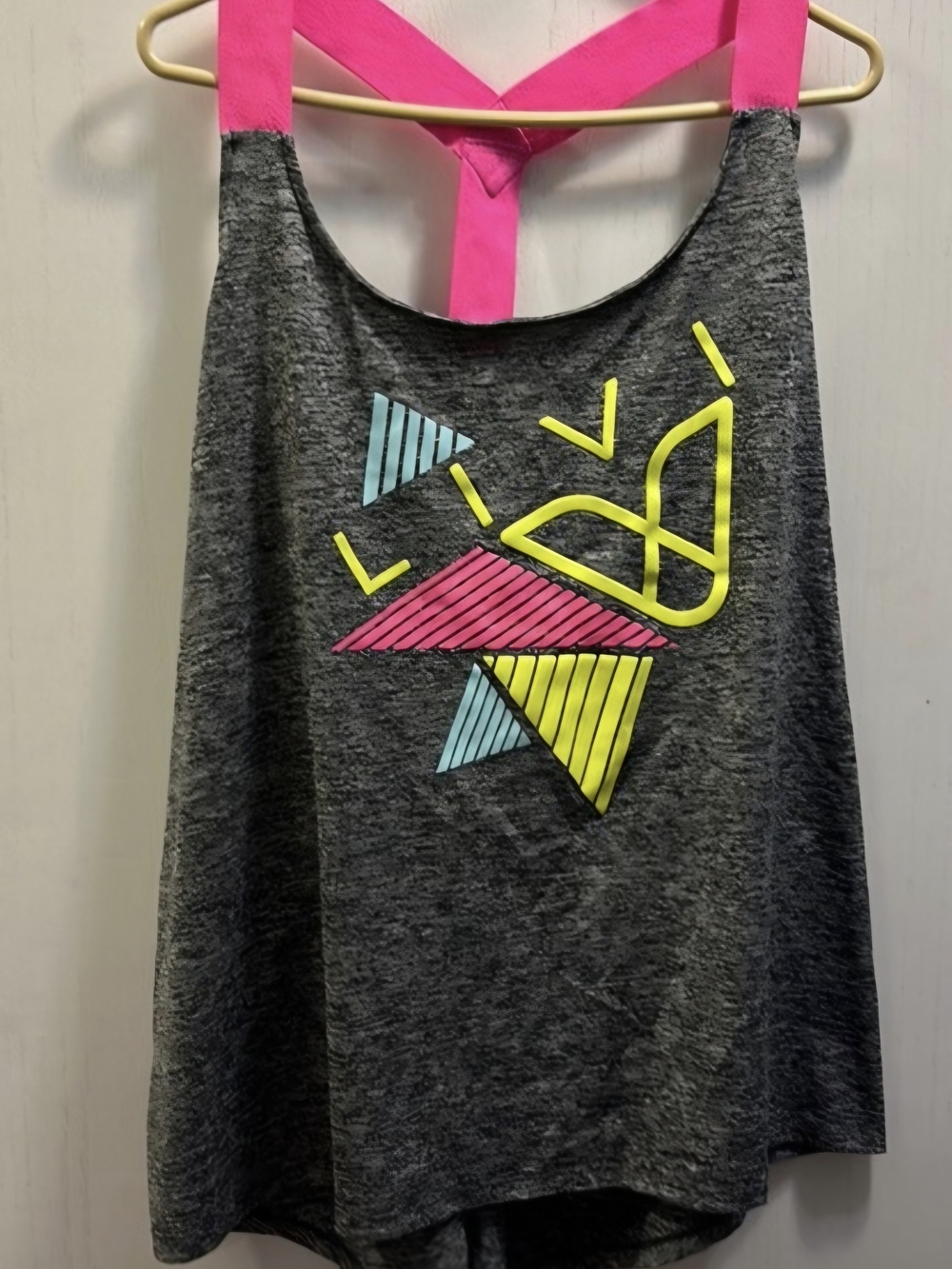 Livi Active Gray Tank with Neon Pink Straps and Multicolor Graphic